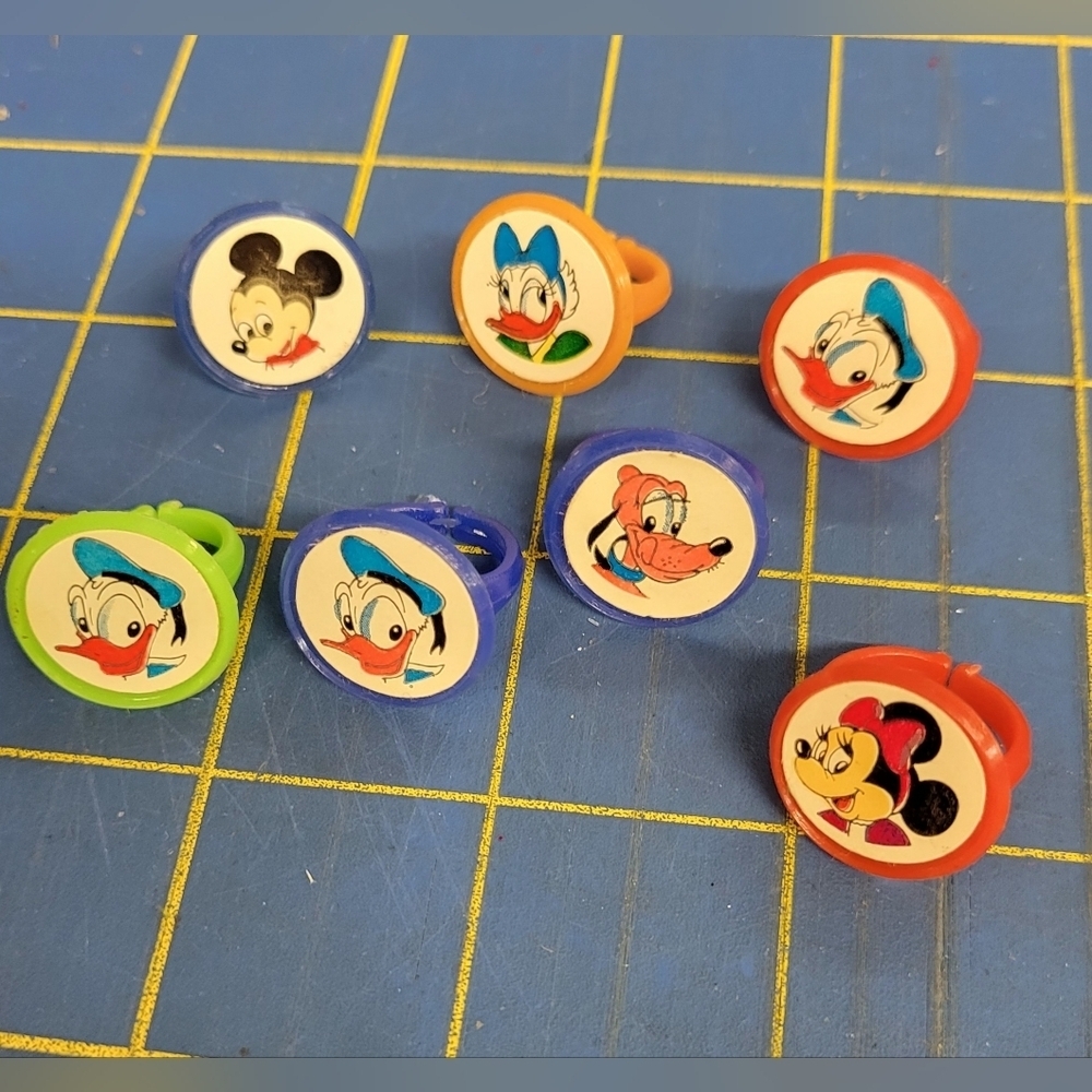 Vintage Disney Character Kids Toy Rings Set of 7 Collectibles